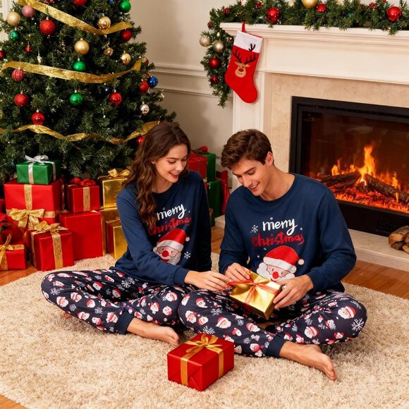 Matching Couples Pajama Set Snowman Santa Print Long Sleeve Sleepwear - Picture 3 of 4